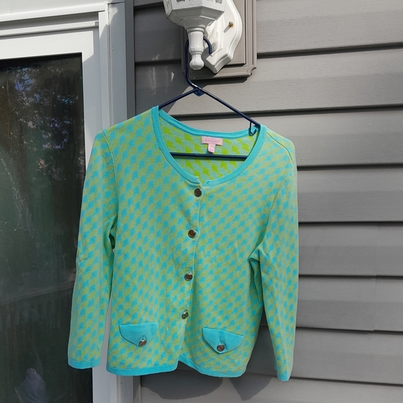 Lilly Pulitzer Aqua Blue and Green Button Up Cardigan Large - Picture 3 of 6